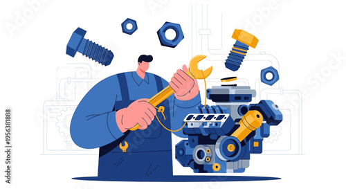 Automotive mechanic repairing engine with wrench in workshop meticulous cartoon illustration