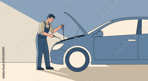 Automotive Technician Diagnosing Car Issues with Analyzer Tool in the Workshop Bay