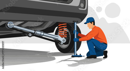 Automotive repair specialist working on a vehicle suspension system with car jack in a garage