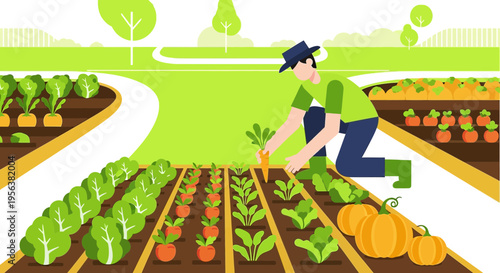 Artistic rendition of a farmer harvesting crops on his agriculture farmland field