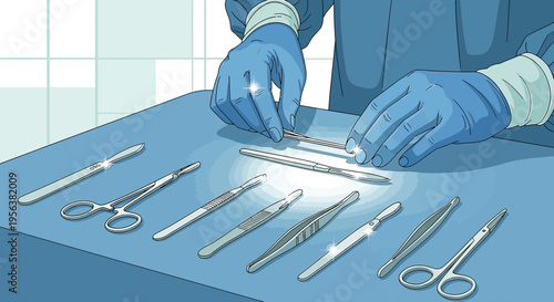 Artistic rendering of surgical instruments laid out on a sterile field ready for operation