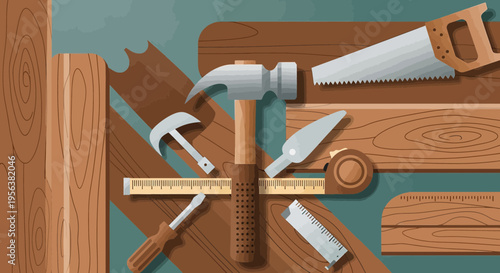 Artistic representation of carpentry tools arrangement on wooden surfaces for workshop advertisement