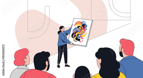 Artwork presentation in gallery with spectators watching a colorful painting exposition viewing