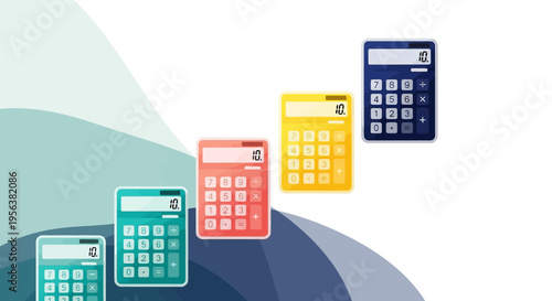 Ascending calculations: a row of calculators in various colors and stages of progress