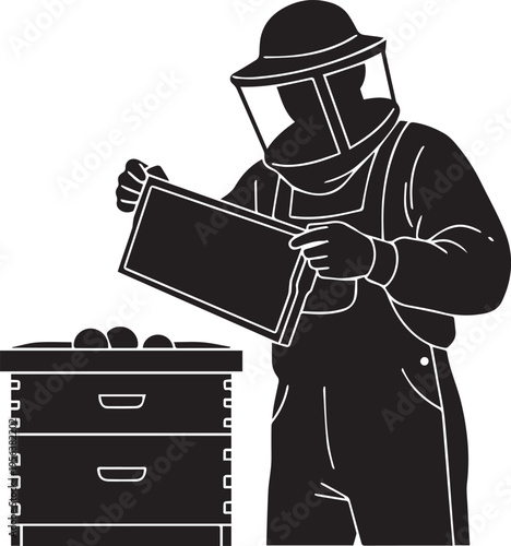 Beekeeper in protective suit checking beehive frame vector illustration silhouette