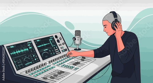 Audio engineer fine tuning sound levels on professional mixing console in studio atmosphere