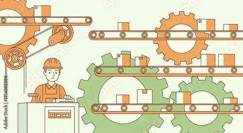 Automated manufacturing line with worker controlling machinery and conveyor belts system