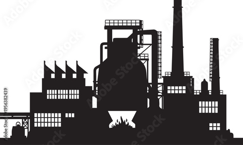 Industrial factory complex silhouette vector illustration with pipes and smoke