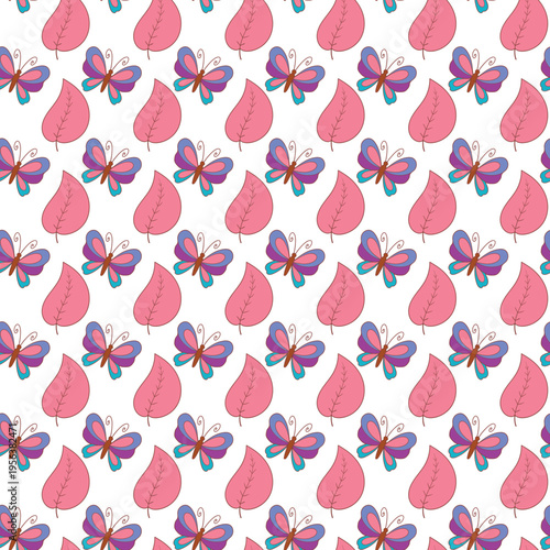 Seamless Pink Leaf And Colorful Butterfly Pattern Background For Spring Kids Textile Designs