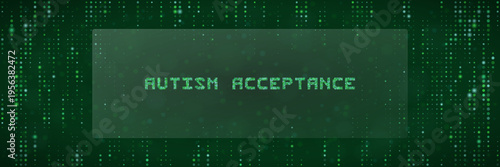 Autism Acceptance Digital Matrix Banner, Neurodiversity Awareness in Tech, Green Pixel Art Background