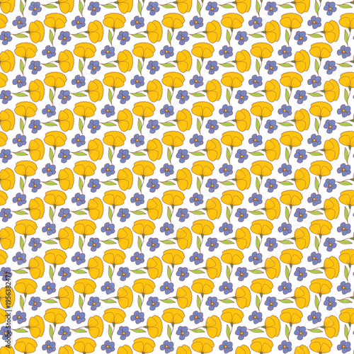 Seamless Floral Pattern With Yellow Carnations And Blue Flowers On White Background