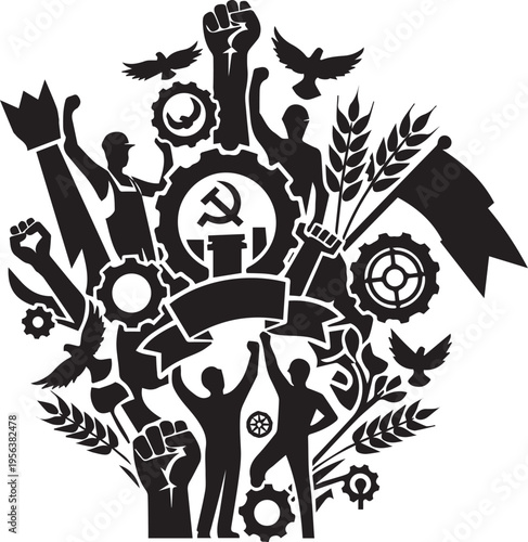 Industrial revolution vector silhouette illustration of workers and gears in line art style