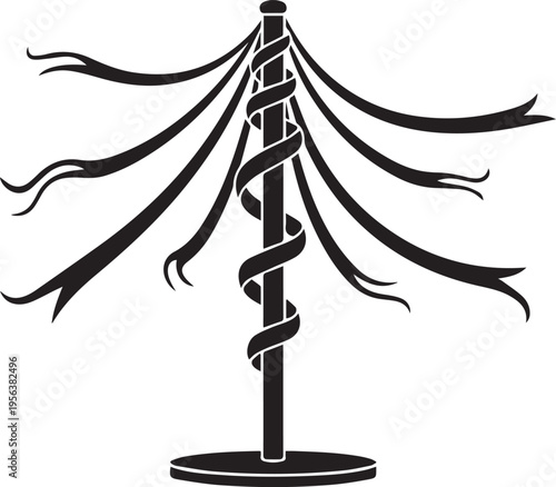 Maypole silhouette vector with ribbons hanging from pole top on round base illustration art