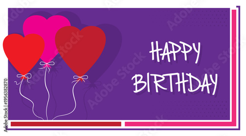 Happy birthday postcard with colorful hearts on a purple background.
