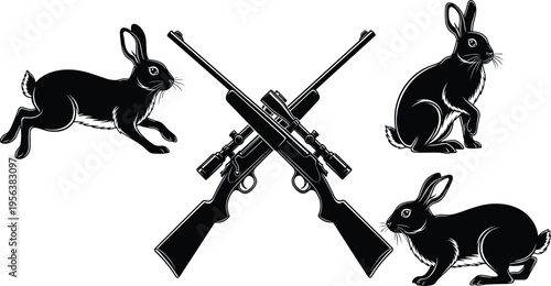 Rabbit silhouettes with crossed rifles illustration, hunting concept design, wildlife and weapon elements, animal and firearm composition, black vector graphic set
