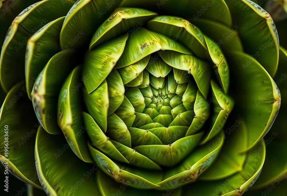 Fototapeta premium Close-up of artichoke revealing intricate spiral pattern of overlapping bracts, tone, artichoke