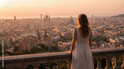 Quadro su tela A woman in a white dress stands on a stone balcony, gazing over a sprawling cityscape bathed in warm sunset light
