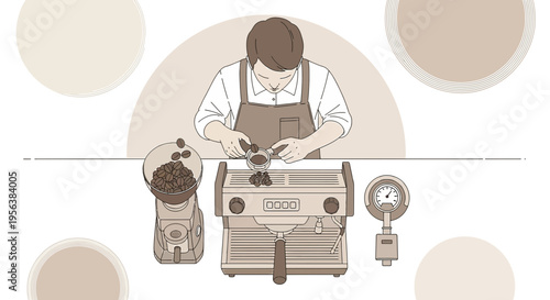 Barista preparing espresso with vintage style machine and coffee grinder illustration