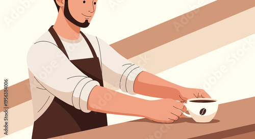 Barista serving a cup of coffee in a coffee shop with clean and minimalist design aesthetics