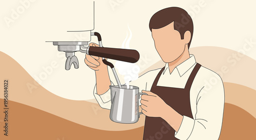 Barista Steaming Milk at Coffee Shop, Perfecting the Beverage with Precision, Illustration
