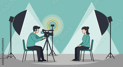 Behind the scenes of a modern video shoot setup with professional equipment and talent