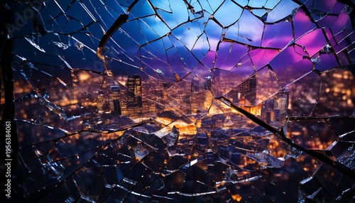 Fragmented view of a vibrant city skyline at night through a shattered glass window, reflecting colorful lights and urban glow.