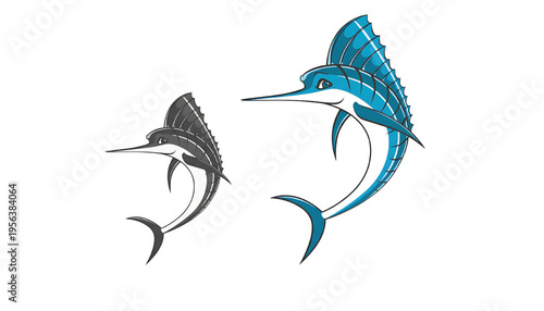 Marlin fish blue and grey with large dorsal fin, showcasing a sleek and powerful predatory marine animal illustration.