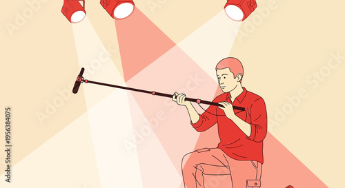 Behind the scenes: Cartoon depiction of a boom operator capturing audio on a film set