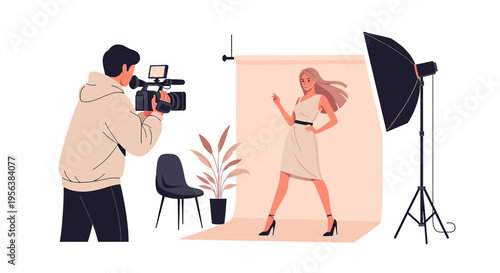 Behind the scenes of a fashion shoot with a model and videographer in studio setup