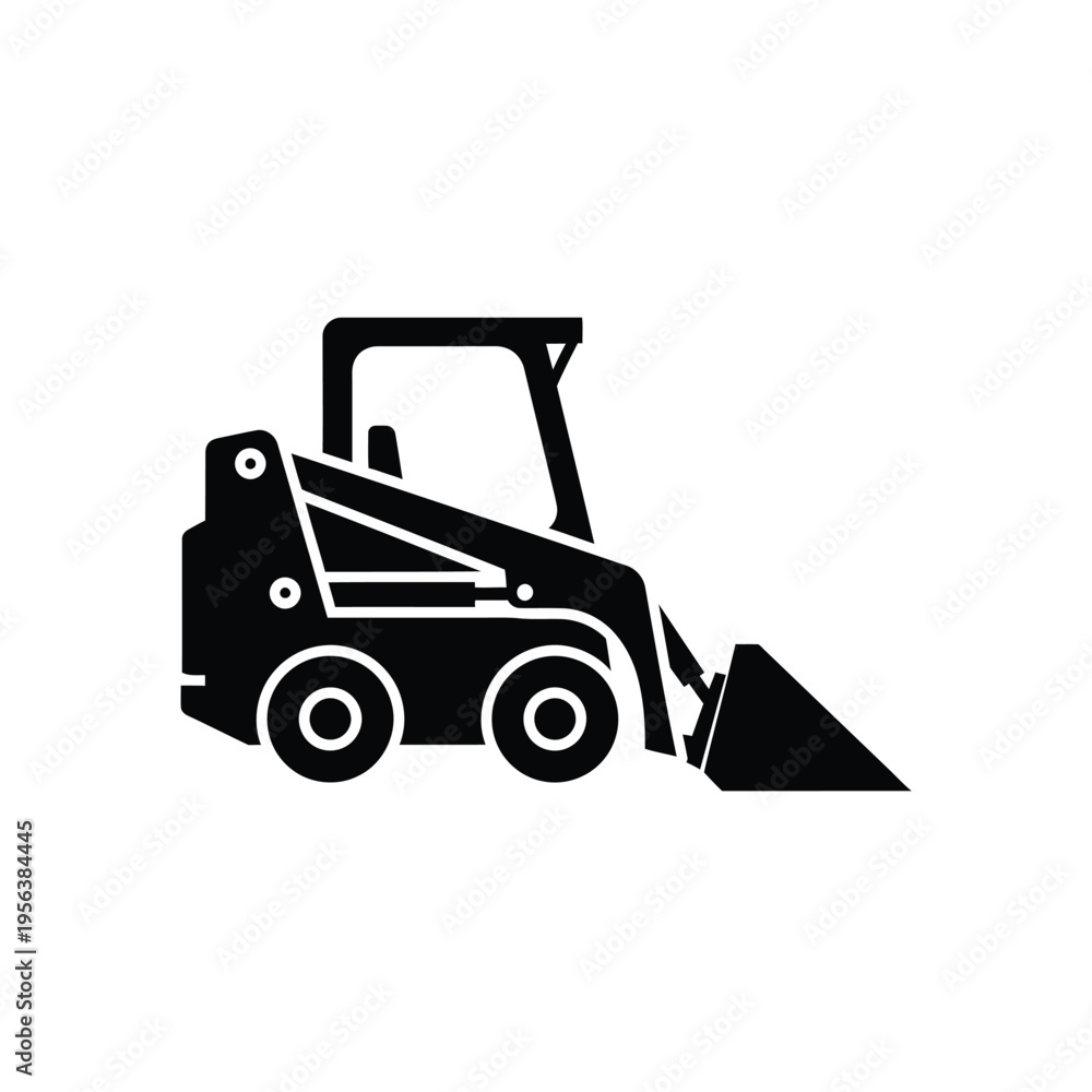 Naklejka premium Skid steer loader machine silhouette is shown in solid black on white.