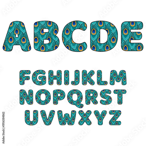 Font, alphabet made from blue peacock feathers. Isolated vector objects on white background.