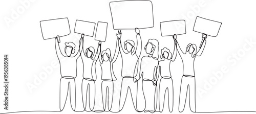 Group of people holding blank signs continuous line art