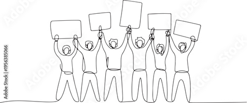 People with signs in a line drawing protest demonstration