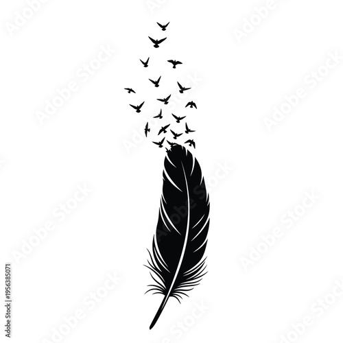 Black feather transforms into a flock of small birds taking flight upward.