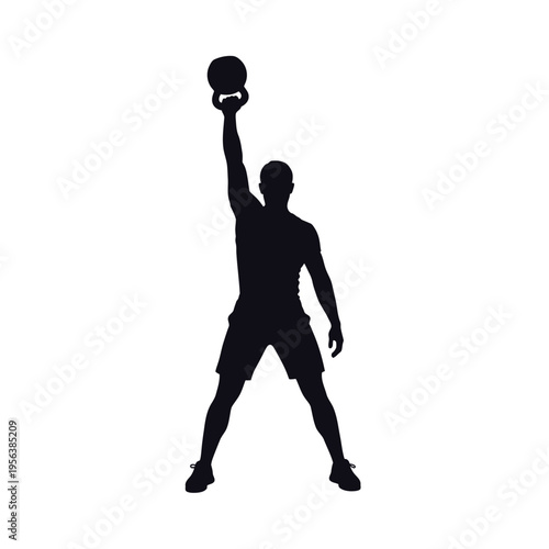 Man silhouette raises a kettlebell overhead during an intense weightlifting exercise.