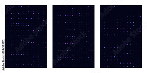 Quantum computing data visualization panels with glowing purple particles on dark background