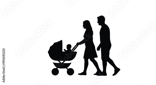 Silhouetted family of three walking together with a baby stroller