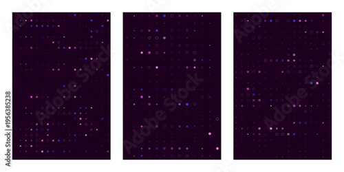 Quantum Computing Data Visualization Panels with Glowing Purple Geometric Particles and Digital Noise