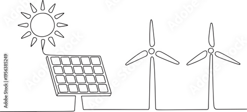Sun Solar Panel and Two Wind Turbines Line Art Keywords: solar energy, wind energy, renewable