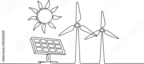 Sun Solar Panel and Two Wind Turbines Line Art Keywords: solar energy, wind energy, renewable