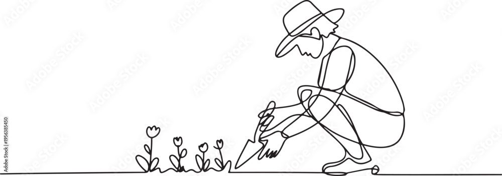 Fototapeta premium Gardener Tending to Multiple Flowers in Continuous Line Art