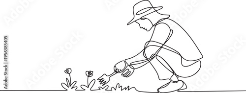 Gardener Digging Near Flowers in Continuous Line Art