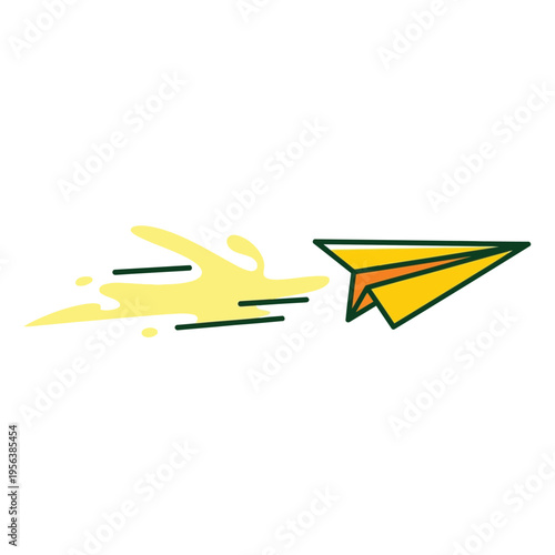 A yellow paper airplane flies quickly leaving a motion trail illustration.