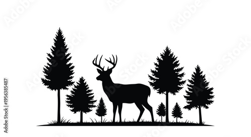 Silhouette of a majestic stag standing amidst a dense forest landscape