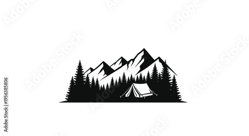 Minimalist mountain landscape with a tent among evergreen trees