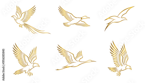 Birds set with gold outline flying majestically across a white background, elegant avian icons. featuring collection, falcon, eagle with swan and