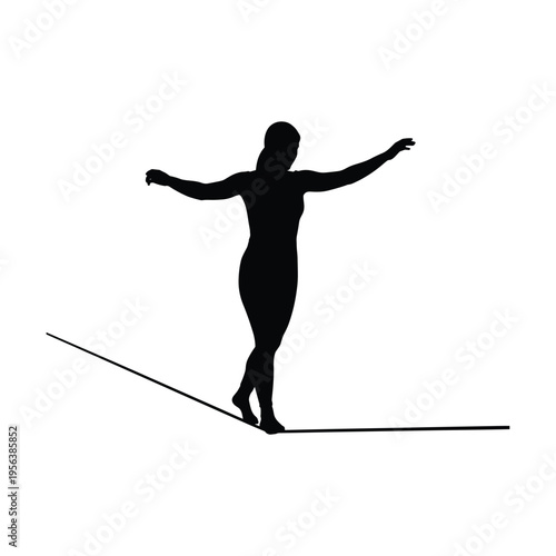 Silhouette of a woman balancing on a tightrope, symbolizing focus, determination, and risk