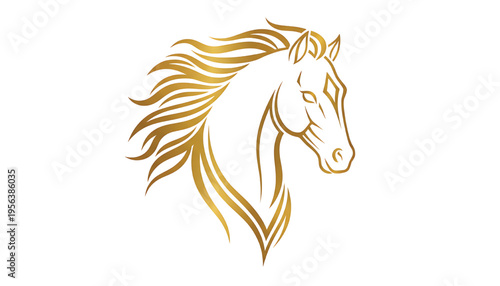 Horse head elegant golden outline with flowing mane and decorative elements, isolated on white background for logo design