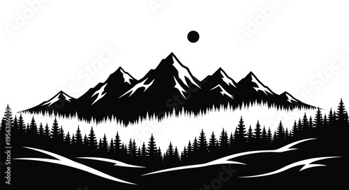 Minimalist black and white illustration of mountains forest and a full moon