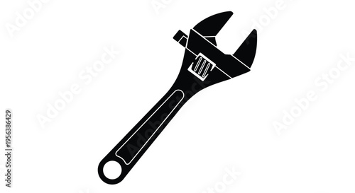 Adjustable wrench silhouette is isolated on a white background for graphic use.